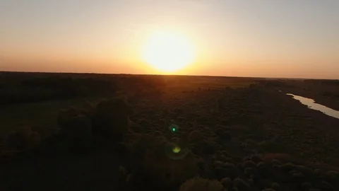 Sunset over the forest and river. view from above Stock Footage 75456027