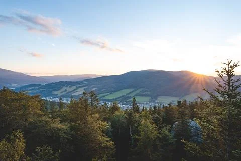 Sunset over forest and valley in Jeseniky mountains, Czech Republic. Harmon.. Fotos de archivo