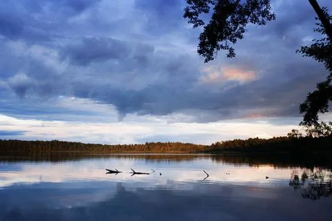  Sunset over the forest lake with dramatic sky. Sunset over the forest lak... Stock Photos