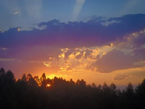 Sunset over a forest Stock Photos