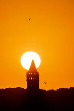 Sunset over the Galata Tower at Istanbul, Turkey Stock Photos