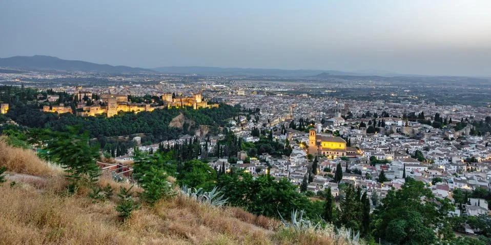 Sunset over Granada, panoramic view Stock Photos