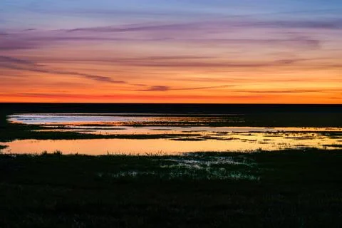 Sunset over the grassland between the dike and the wetlands. Stock Photos