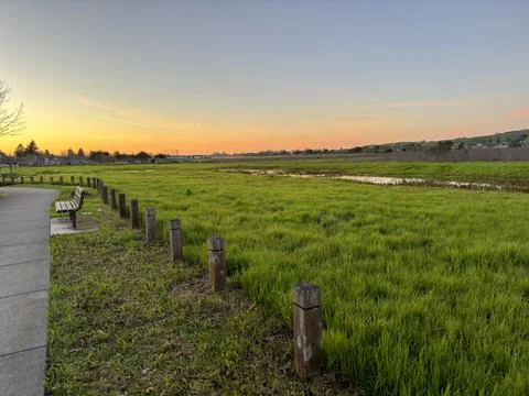 Sunset Over Green Fields and Pathway Stock Photos