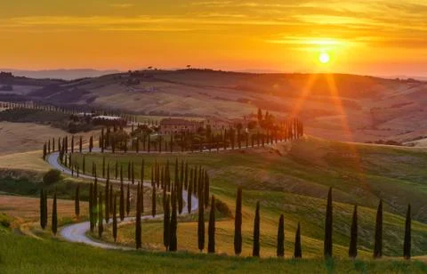 Sunset over the green fields, cypresses trees and winding road in Tuscany, Italy Stock Photos
