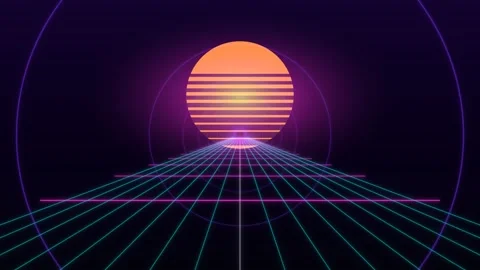 Sunset over a grid landscape with neon colors and geometric shapes Stock Footage 337069551