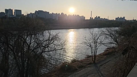 Sunset Over Han River with City Skyline Near Seonyudo in Seoul Stock Footage 330760534