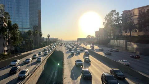 Sunset over Harbor freeway and moving cars in Downtown Los Angeles Video stock 222482785