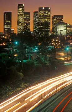 A sunset over the Harbor Freeway in Los Angeles, CA Stock Photos