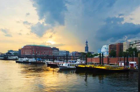 Sunset over harbor Stock Photos