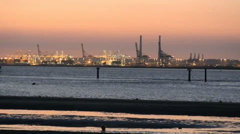 Sunset over the harbour, Le Havre, France, Europe Stock Footage 41629467