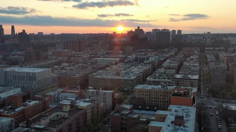 Sunset over Harlem tenement rooftops and tree lined side streets Vidéo 128550371