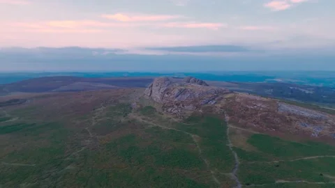 Sunset over Haytor Rocks from a drone, Dartmoor Park, Devon, England Stock Footage 206053667