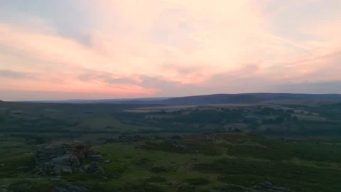 Sunset over Haytor Rocks from a drone, Dartmoor Park, Devon, England Stock Footage 206064983