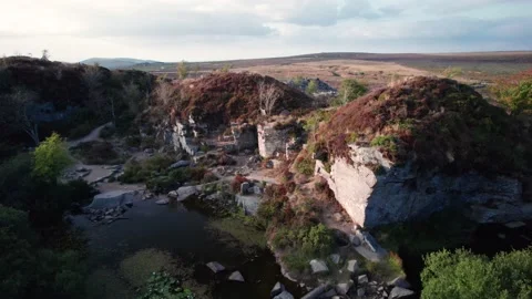 Sunset over Haytor Rocks from a drone, Dartmoor Park, Devon, England Stock Footage 206340531