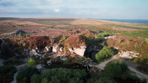 Sunset over Haytor Rocks from a drone, Dartmoor Park, Devon, England Stock Footage 206366693