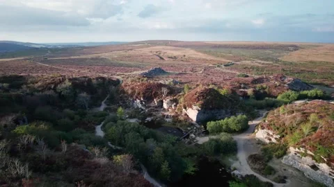 Sunset over Haytor Rocks from a drone, Dartmoor Park, Devon, England Stock Footage 206368086