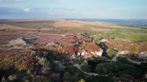 Sunset over Haytor Rocks from a drone, Dartmoor Park, Devon, England Stockbeeldmateriaal 206368765