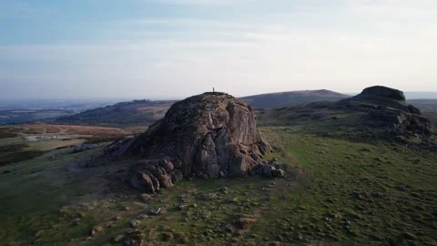 Sunset over Haytor Rocks from a drone, Dartmoor Park, Devon, England Stock Footage 206549909