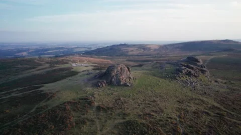 Sunset over Haytor Rocks from a drone, Dartmoor Park, Devon, England Stock Footage 206561412