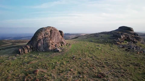 Sunset over Haytor Rocks from a drone, Dartmoor Park, Devon, England Stock Footage 206696807