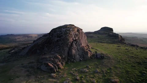 Sunset over Haytor Rocks from a drone, Dartmoor Park, Devon, England Stock Footage 206697215