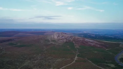 Sunset over Haytor Rocks from a drone, Dartmoor Park, Devon, England Stock Footage 206738289