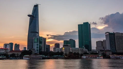 Sunset over Ho Chi Minh City waterfront downtown, Vietnam time lapse Stock Footage 116862145
