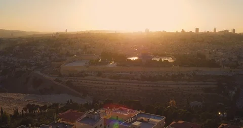 Sunset over holy city Jerusalem with the Dome of the Rock /Al aqsa mosque Stock Footage 90070034