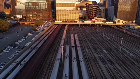 Sunset Over Hudson Yards Trains and NYC Skyline Stock Footage 206093795
