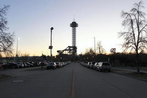 Sunset over the iconic observation tower and water park in Denver, Colorado Stock Photos