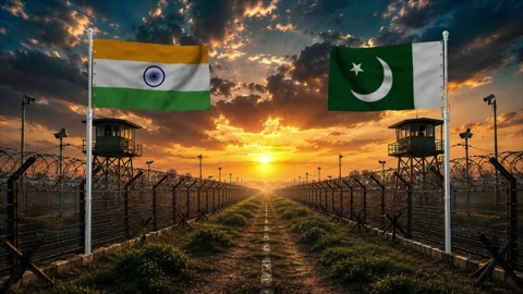 Sunset over India-Pakistan border with flags waving Stock Footage 340418673