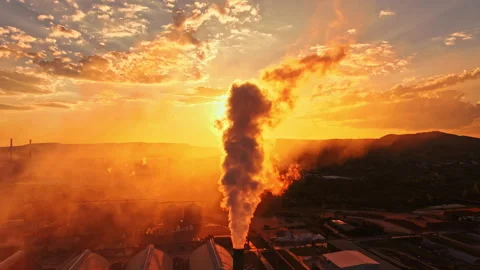 Sunset over industrial area with smoke rising from factories in the background Stock Footage 340961485