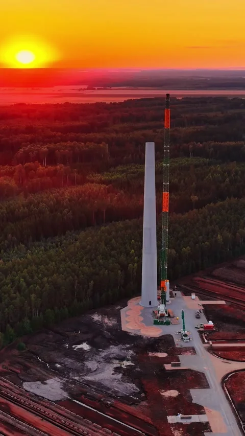 Sunset Over Industrial Construction Site with Tower Crane Stock-Footage 336684780