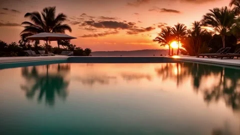 Sunset Over Infinity Pool With Umbrella Slow Motion Tracking  Shot Video stock 273996644