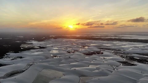 Sunset Over Interconnected Lagoons and White Dunes in Lençóis Maranhenses Stock Footage 342443770