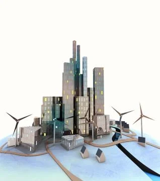 Sunset over isolated modern cityscape with windmills illustration Stock Illustration