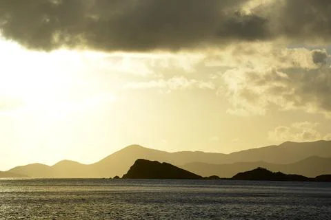 Sunset over Key Point and Key Cay, Peter Island, British Virgin Islands Stock Photos