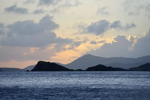 Sunset over Key Point and Key Cay, Peter Island, British Virgin Islands Stock Photos