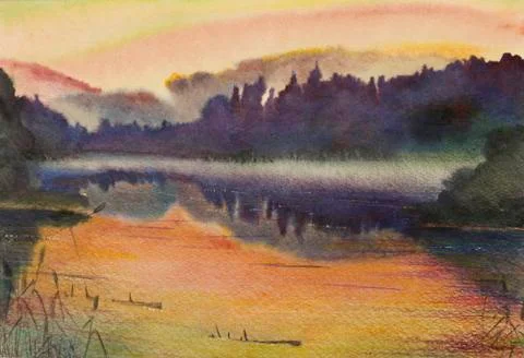 Sunset over the lake Stock Illustration
