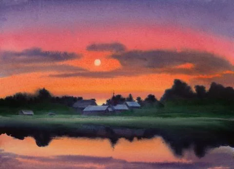 Sunset over the lake Stock Illustration