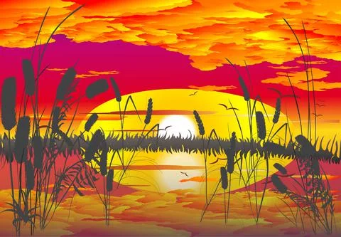 Sunset over the lake, Stock Illustration