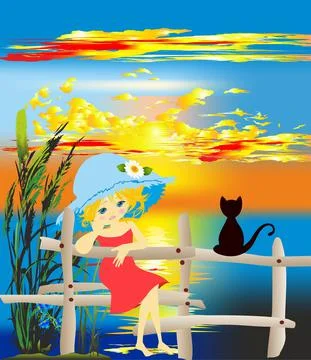 Sunset over the lake, Stock Illustration