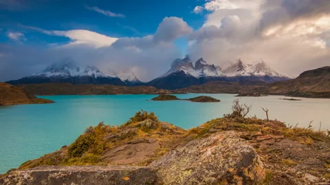 Sunset over the lake Pehoe. Parque Torres del Paine, Patagonia, Chile Stock Footage 197052404