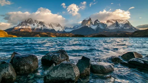 Sunset over the lake Pehoe. Parque Torres del Paine, Patagonia, Chile Stock Footage 197052477