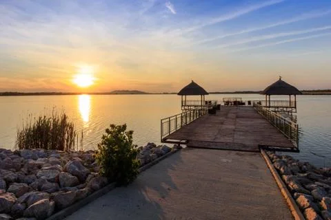 Sunset over lake Stock Photos
