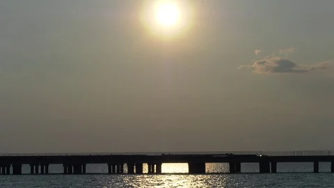Sunset over Lake Pontchartrain Causeway Stock Footage 80358734