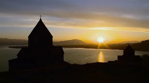 Sunset over the lake Sevan Закат над Севаном Stock Footage