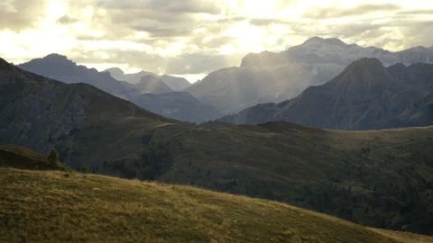 Sunset over Layered Dolomite Mountains, Passo Giau, Italy Video stock 316821152