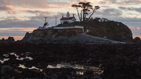 Sunset over Lighthouse on California Coast Vídeo Stock 77779122